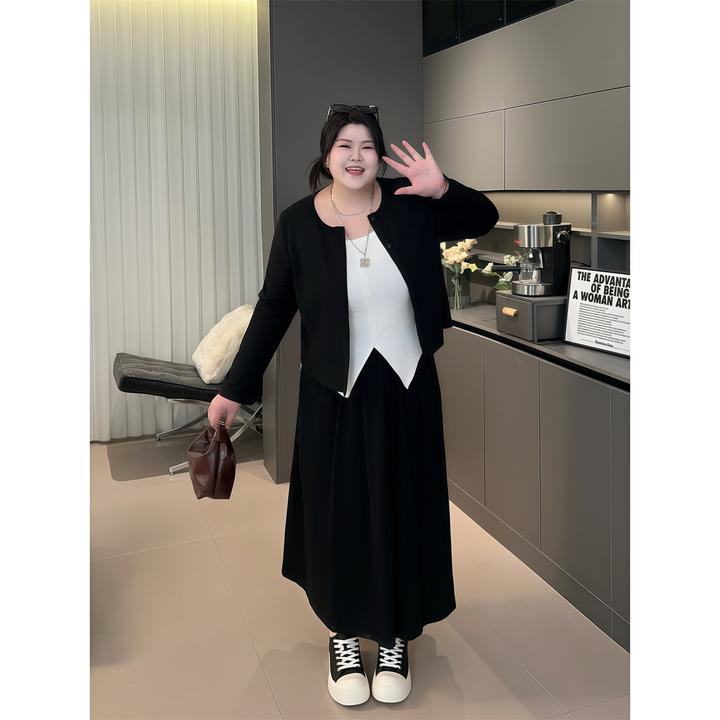 大码女装秋季百搭花契200斤胖mm时尚松弛感针织开衫半裙套装14018