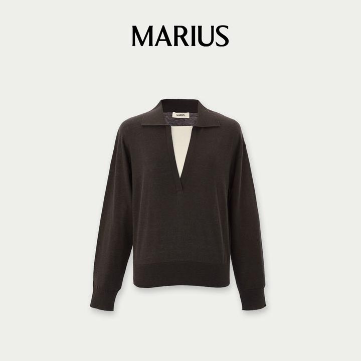 MARIUS’学者衫‘老钱风假两件撞色翻领套衫