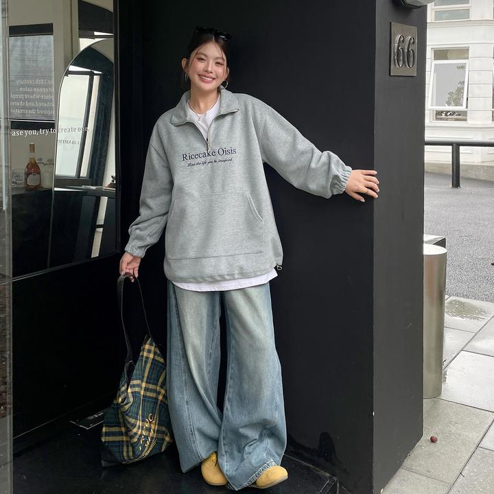 秋季流行风格穿搭美式慵懒chic卫衣大码女装胖mm半拉链立领上衣潮