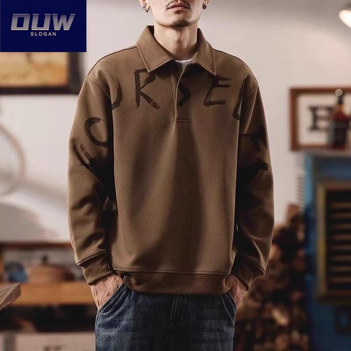 O.U.W2025印花水洗男士冬季秋季新款打底长袖Polo衫翻领字母韩版