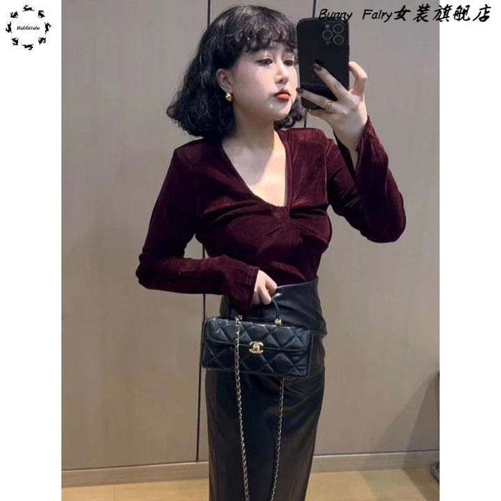 红色丝绒长袖上衣女2025新款爆款春秋单穿打底衣女内搭高级感体恤