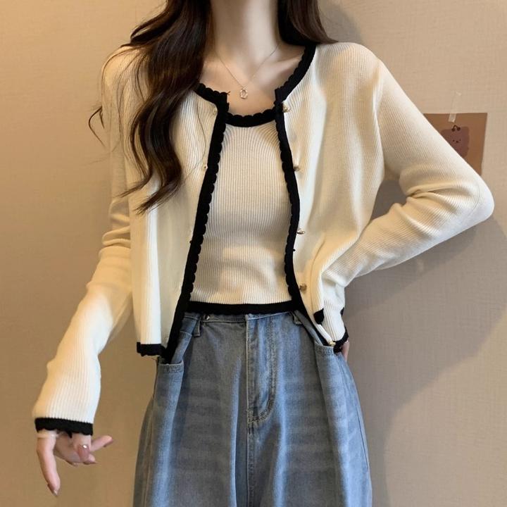 大码法式小香风洋气针织开衫女秋冬新款修身显瘦短款吊带上衣秋季