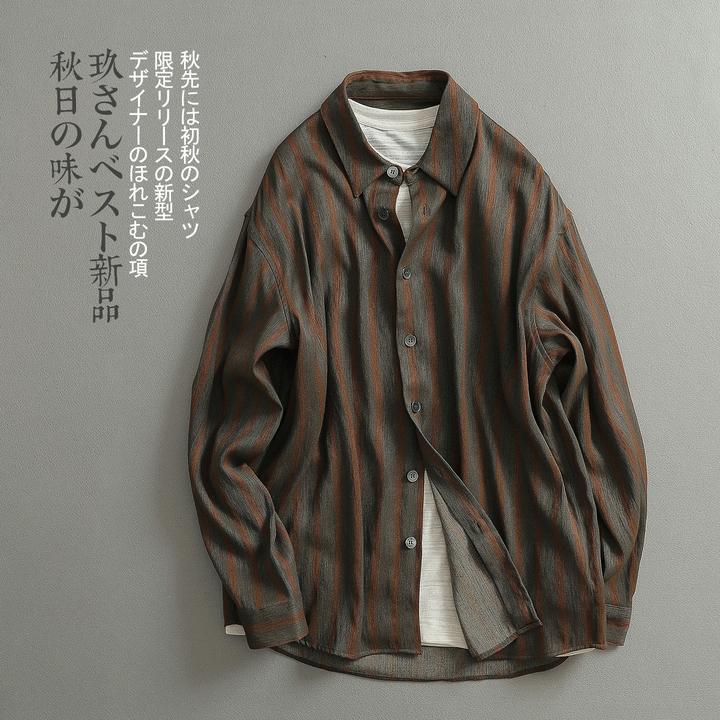 【见川】秋上新「条纹文艺」日系宽松亚麻长袖衬衫 网红洋气炸街男装