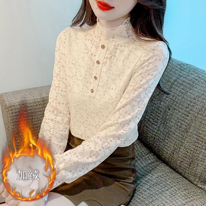 法式半高领蕾丝打底衫女士2025新款秋冬加绒保暖内搭韩版长袖上衣