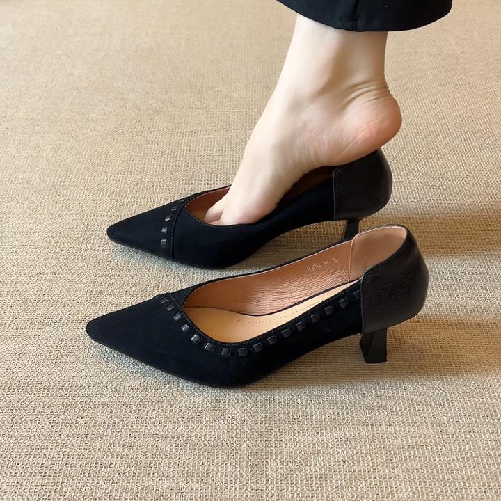 羊皮断码清仓磨砂细跟工作高跟鞋女2025春秋新款黑色百搭优雅单鞋