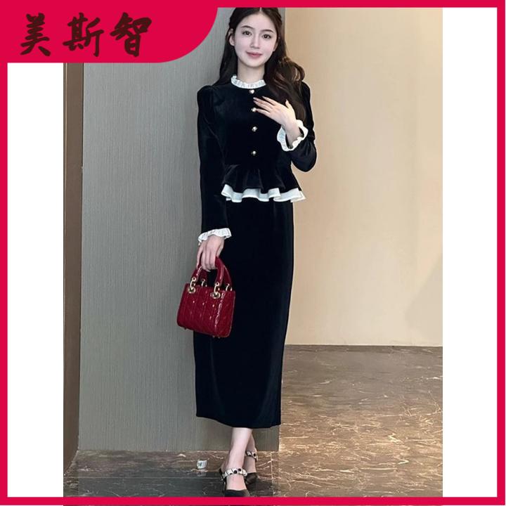 I黑白拼接法式连衣裙2025年秋装新款女小香风套装女装赫本风裙I