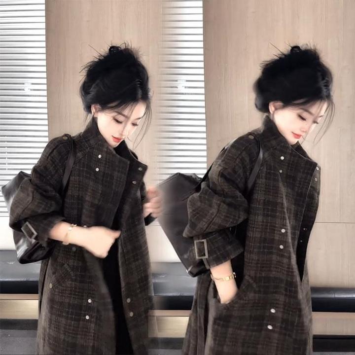 2024冬季新款高级感宽松系带加厚毛呢外套复古格纹立领毛呢外套女