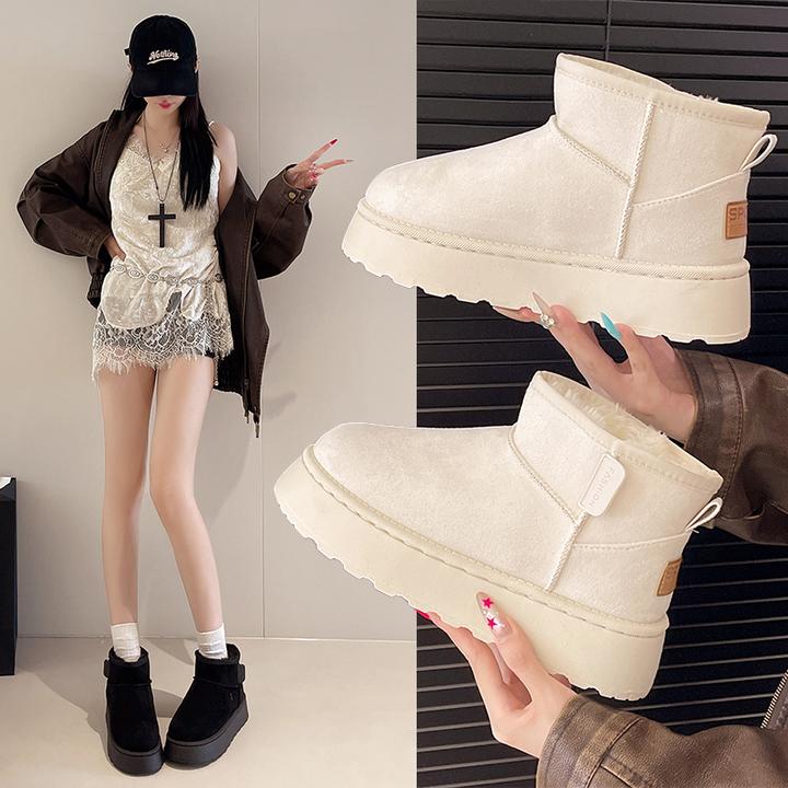 厚底雪地靴女款2025新款冬季加绒加厚保暖百搭短靴女皮毛一体棉鞋