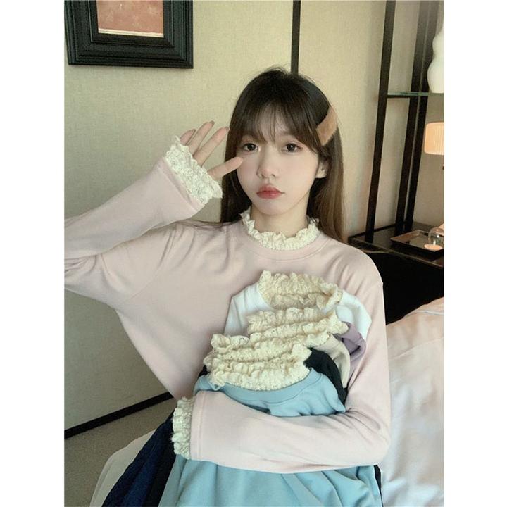 双面磨毛德绒半高领长袖T恤女秋冬小众蕾丝花边修身内搭打底上衣