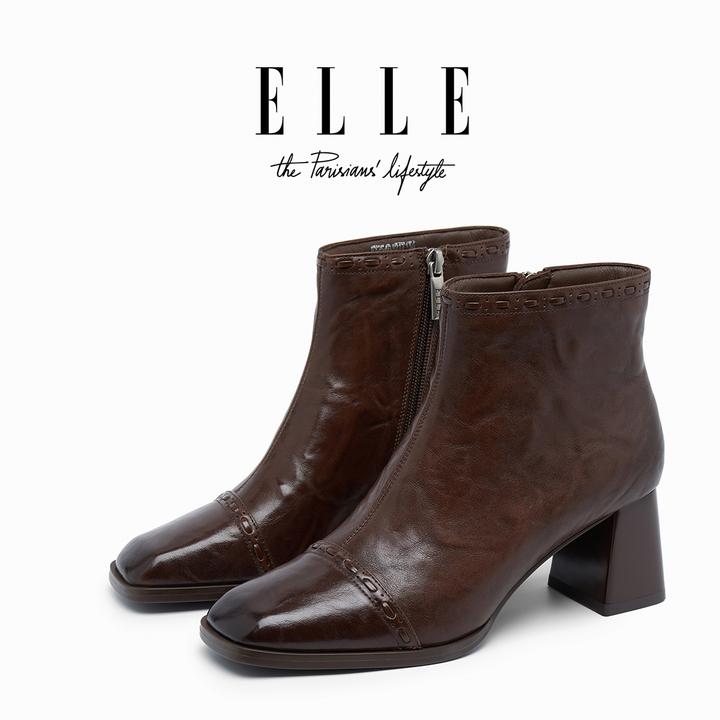 ELLE复古方头弹力瘦瘦靴女粗跟侧拉链短靴秋冬百搭显瘦高跟马丁靴
