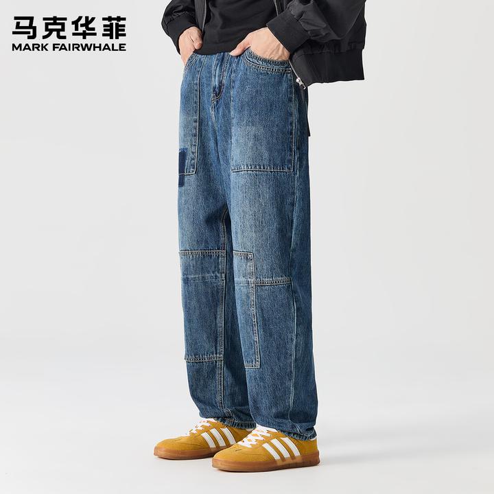 马克华菲秋季设计感工装牛仔裤男美式复古拼接撞色宽松直筒伐木裤