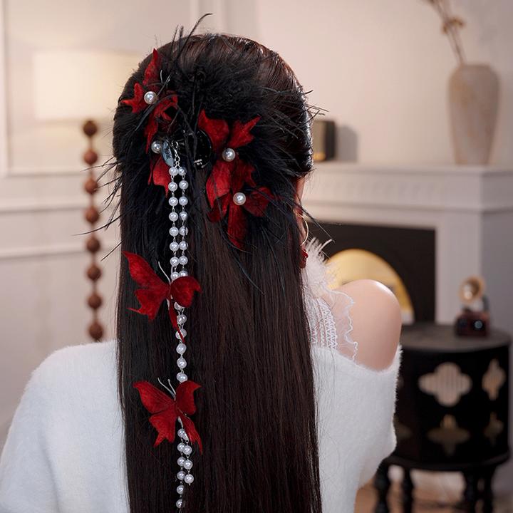 时宴泡芙枯叶蝶复古羽毛发夹气质显发量流苏发饰古风精致发卡抓夹