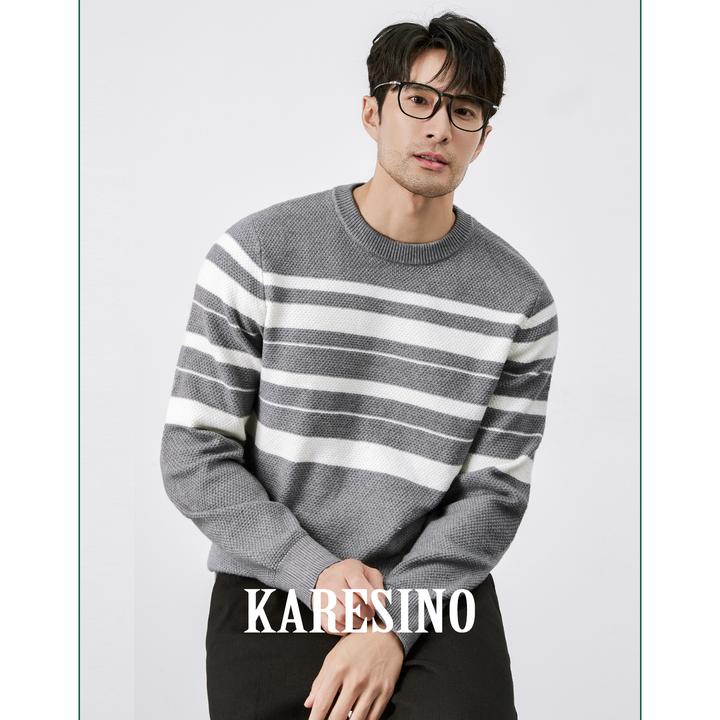 KARESINO男士秋冬时尚条纹内搭针织衫休闲百搭圆领套头打底毛衣男