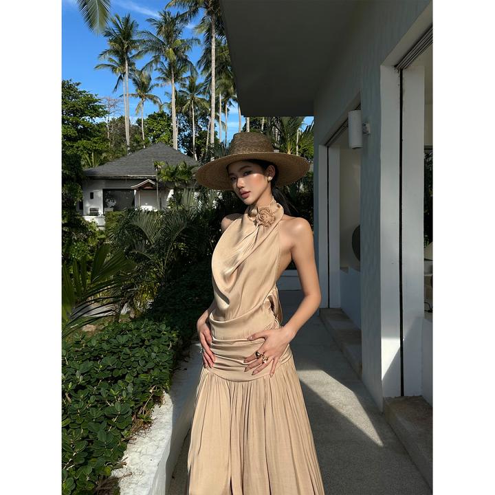 rovente伊顿美神 挂脖荡领连衣裙气质名媛礼服裙海边吊带露背长裙
