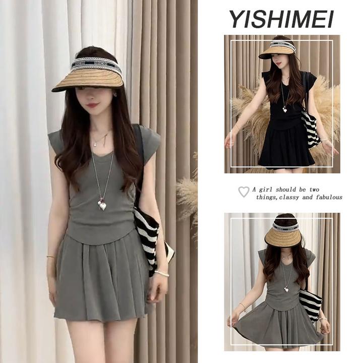 2025年夏季穿搭一整套韩系百搭简约短袖t恤显瘦短裙两件套装