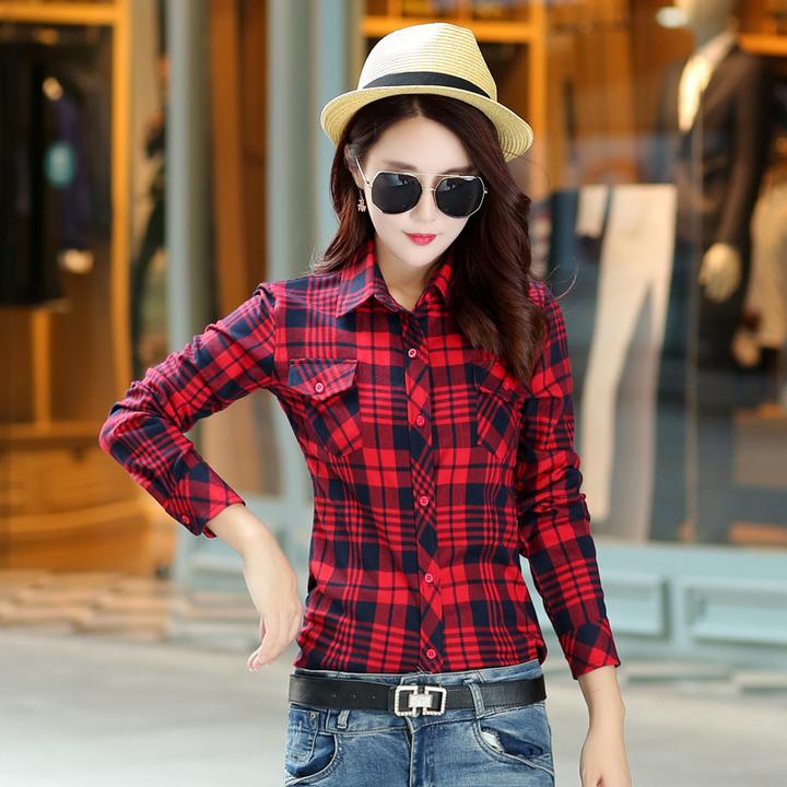 新款韩版格子衬衫女秋装上衣修身女式衬衣宽松棉质长袖时尚显瘦