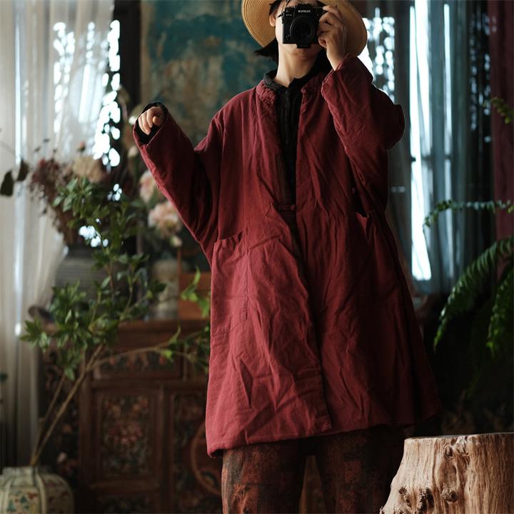 秋冬落古泥文艺复古棉麻宽松立领棉衣棉外套1927酒红