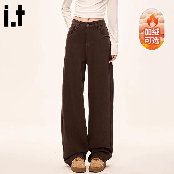 i.t:CHOCOOLATE加绒阔腿休闲裤女士秋冬款高腰显瘦保暖直筒牛仔裤