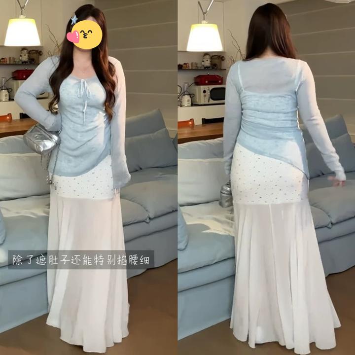 大码微胖MM韩系温柔风绑带罩衫上衣女夏季新款网纱拼接吊带裙套装