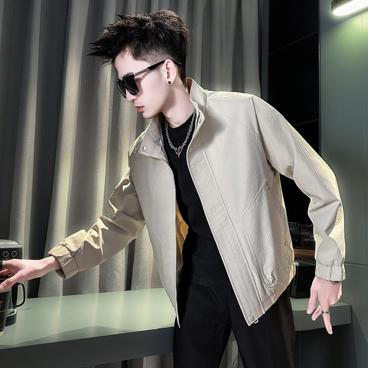 米白色夹克男士春秋款潮牌痞帅立领外套设计师男装高级感休闲上衣