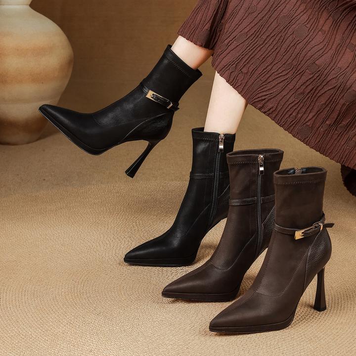 AACCK手工女鞋10cm~弹力靴细跟短靴2025秋冬季高跟鞋尖头女靴子
