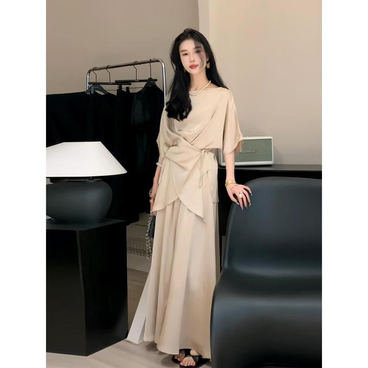 Mm法式交叉系带褶皱短袖衬衫高腰半身裙女夏新款高级感气质时