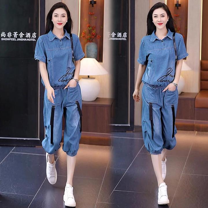 牛仔裤休闲时尚套装女款2025夏装新款洋气微胖女装宽松显瘦两件套