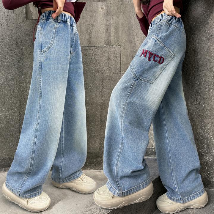 女童春季刺绣字母牛仔裤2025新款中大童洋气大口袋高腰阔腿直筒裤