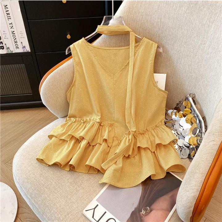 红色波点甜美无袖V领背心女夏季新款不规则木耳边挂脖飘带上衣潮