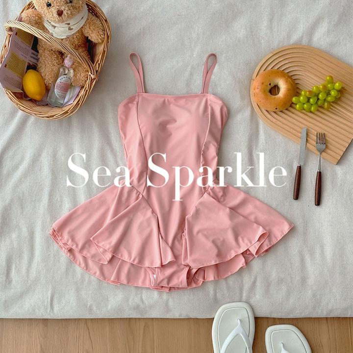 Sea Sparkle落跑甜心ins吊带收腰荷叶边裙摆高颜值显白连体泳衣
