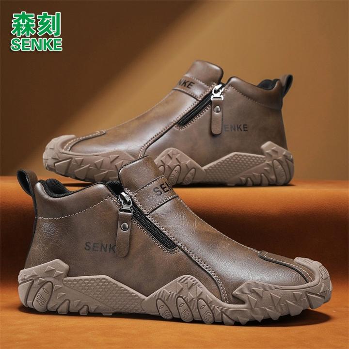森刻男鞋2025秋冬新款中帮男士休闲潮流百搭皮面防滑运动休闲鞋男