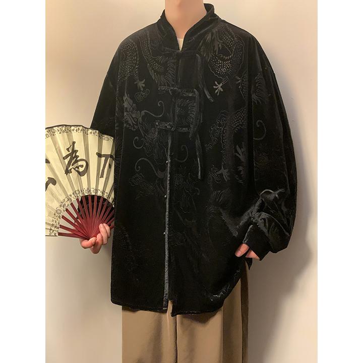 新中式男装居士服外套秋冬季中国风龙纹提花高级感金丝绒宽松茶服