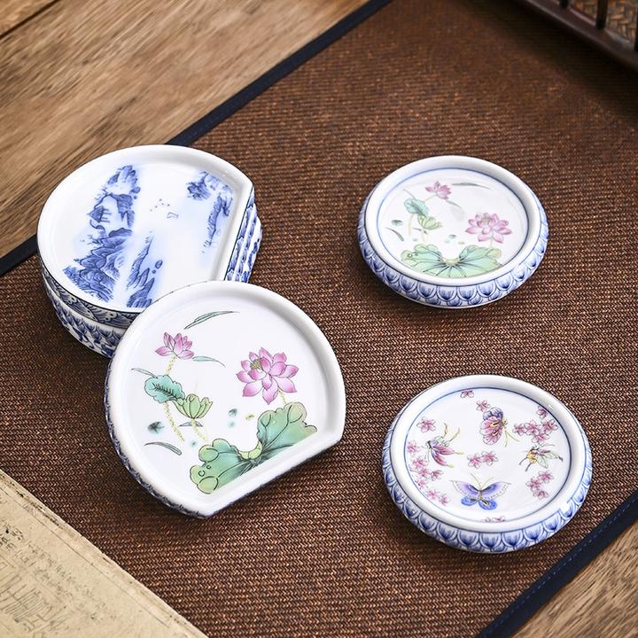 复古陶瓷盖置彩绘青花缠枝纹壶盖托紫砂茶壶盖托杯垫小壶承杯垫托