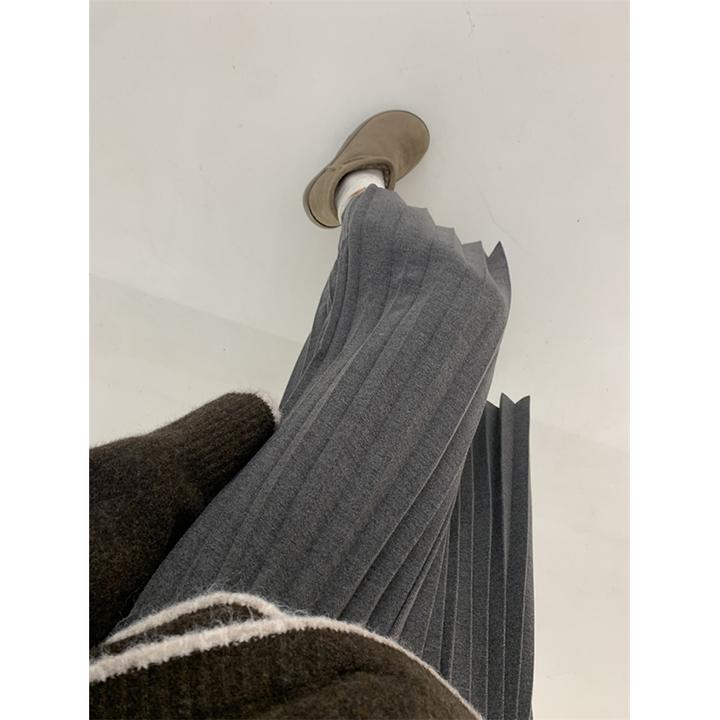 韩版气质灰色百褶半身裙女秋冬高腰显瘦百搭垂感A字毛呢中长伞裙