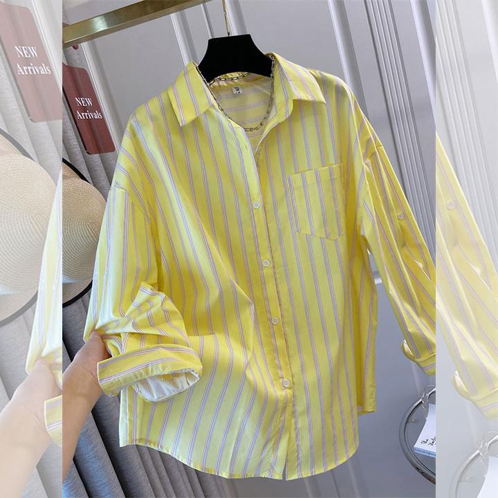 早春新款韩系减龄条纹衬衫上衣女装胖MM大版宽松显瘦衬衣百搭时尚