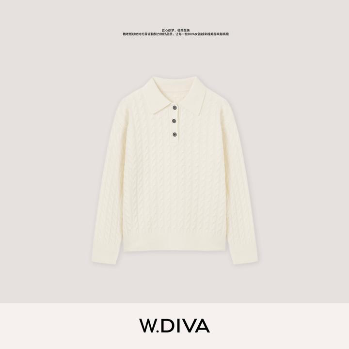 W.Diva【知性绞花】山羊绒羊毛绞花半门襟POLO领长袖毛衫54Z063065