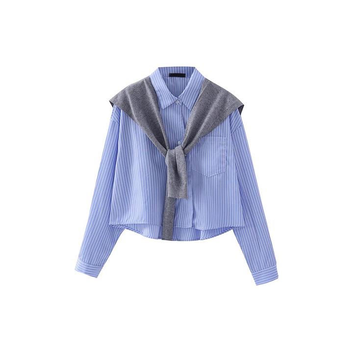 韩系蓝色条纹衬衫针织披肩两件套女装2025春季短款长袖百搭衬衣