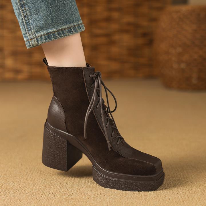 8cm英伦风系带高跟靴子女粗跟厚底真皮马丁靴小个子增高百搭短靴