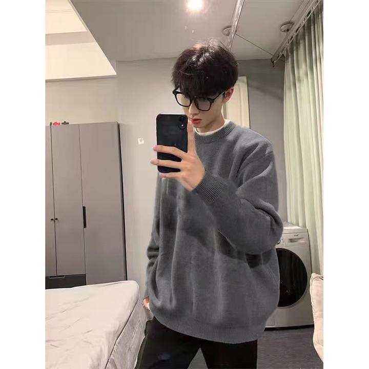灰色慵懒风毛衣男秋冬内搭宽松圆领男生毛线衣情侣加绒针织打底衫