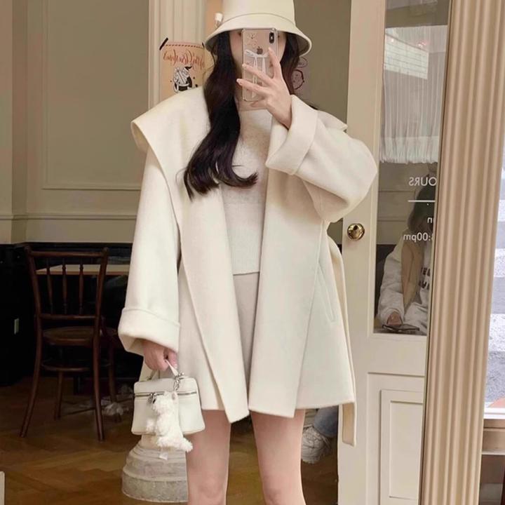 白色双面大衣女小个子高级感今年秋季新款短款连帽羊毛呢外套女款