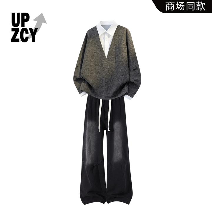 UPZCY美式潮流高级感痞帅套装男2025秋冬假两件V领宽松卫衣两件套