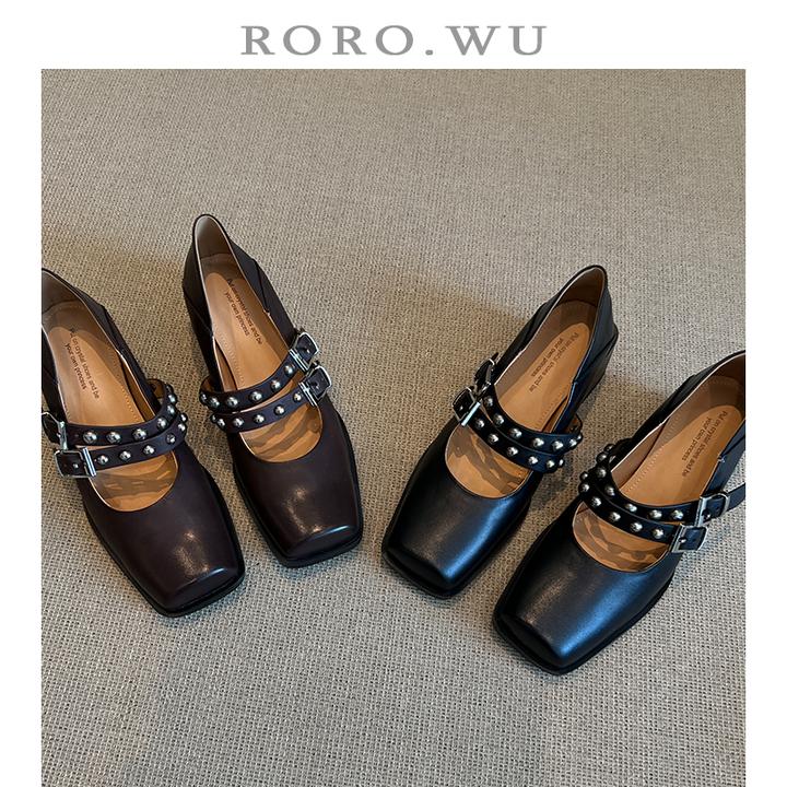 娆娆吴·头层牛皮复古个性双扣带方头高跟日常百搭气质单鞋A45