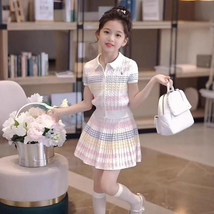 女童连衣裙夏季新款儿童洋气时尚polo短袖百褶裙两件套女孩夏装潮