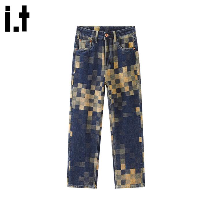 i.t:CHOCOOLATE马赛克棋盘格子牛仔裤2025秋冬男士设计感直筒裤子