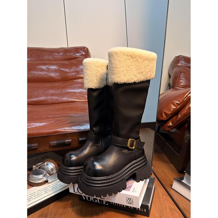 欧货高端毛松糕厚底加绒棉靴女小个子增高长筒马丁靴高筒骑士靴