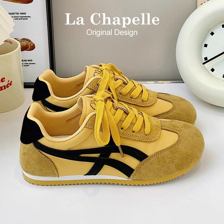 拉夏贝尔黄色德训鞋女2025秋季新款软底休闲鞋内增高运动阿甘板鞋