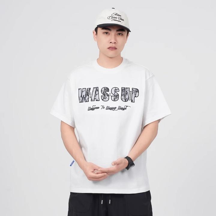 WASSUP男士宽松短袖T恤刺绣网纱字母上衣夏季宽松休闲纯棉情侣装