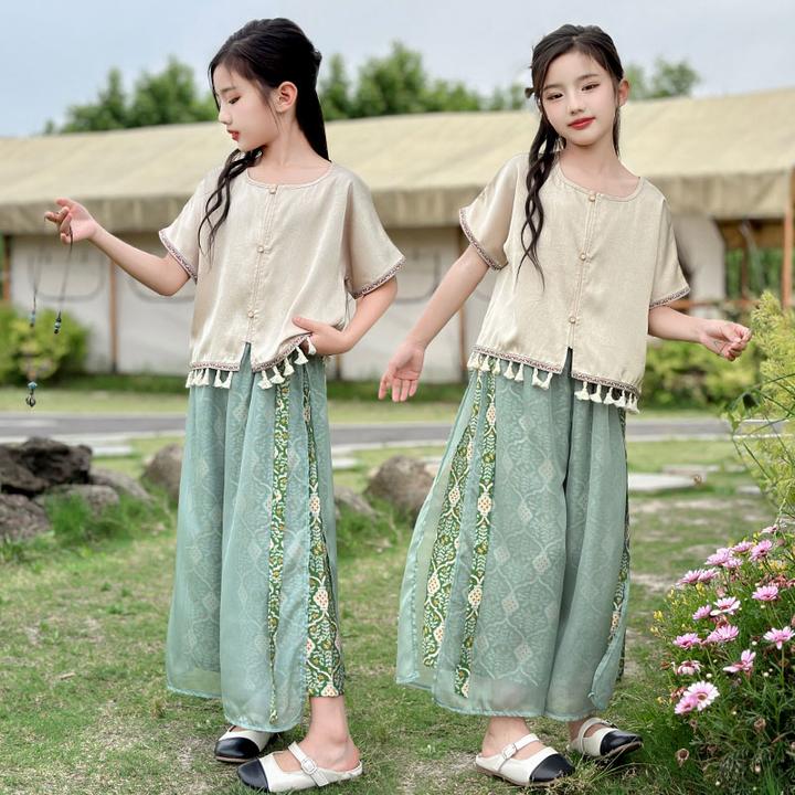 汉服女童2025新款春夏绿色古风服装国风儿童套装中式古装两件套