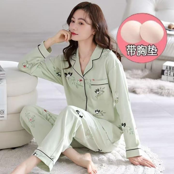 春秋款冬季女士带胸垫长袖长裤两件套装纯棉宽松睡衣家居服可外穿