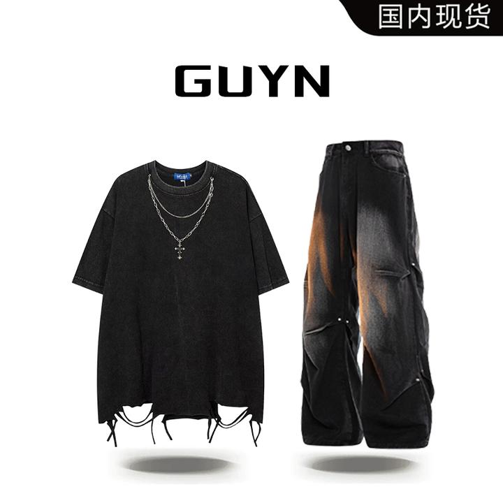 【品牌现货】GUYN夏季美式水洗做旧流苏短袖t恤男高街潮牌宽松半袖
